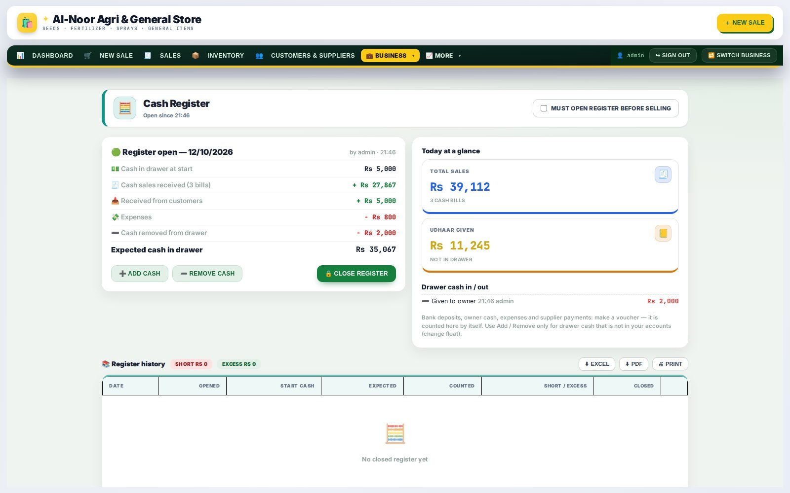 Cash register with expected cash